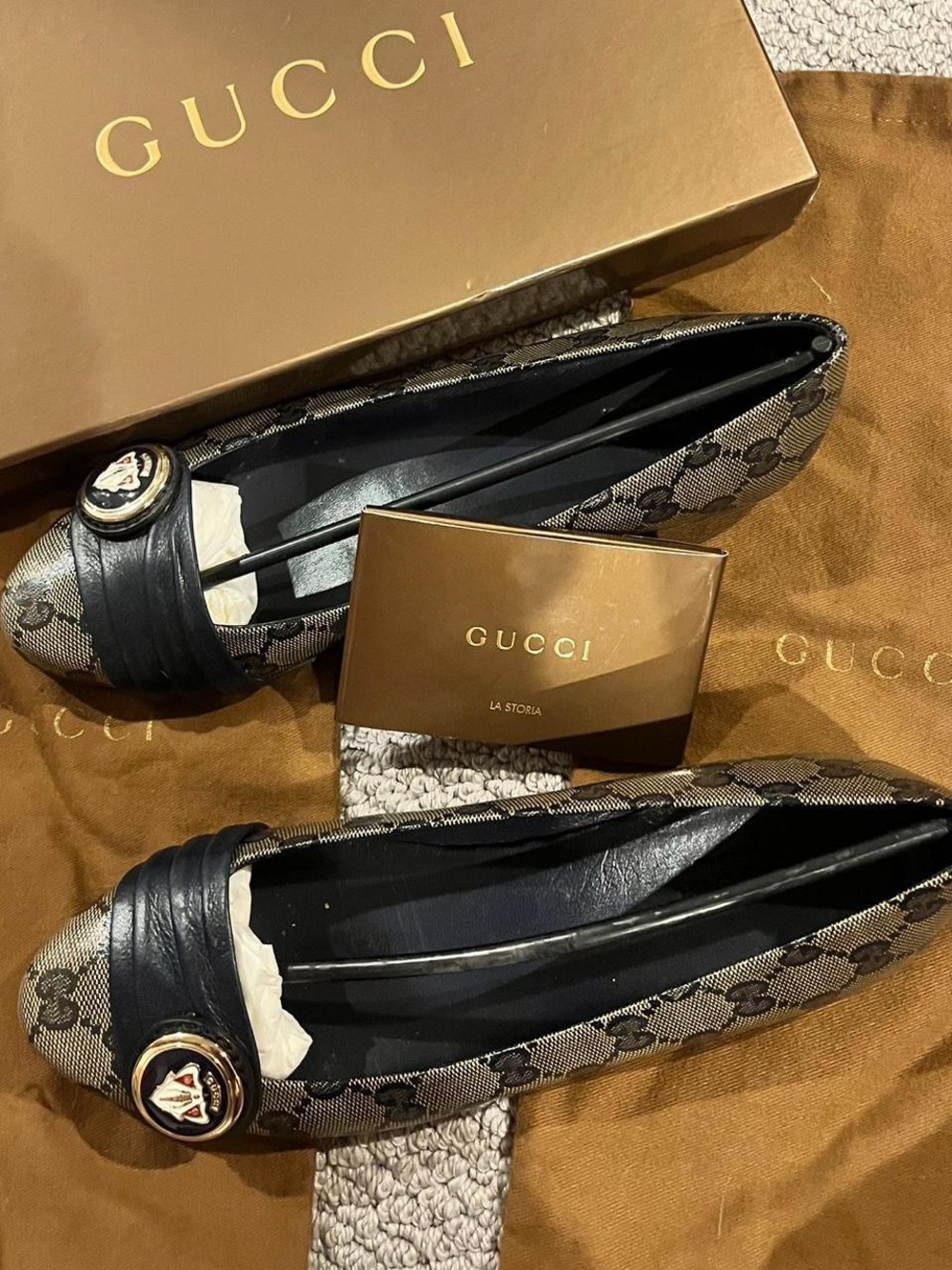 Gucci Brown & Black GG Canvas Leather-Trim Ballet Flats